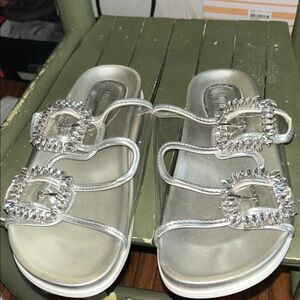 Silver Slide Sandals with Crystal Buckles